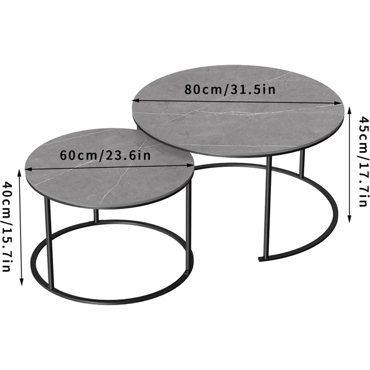 FATIVO 2er Couchtisch Set Rund Wohnzimmertisch aus Sinterstein Beistelltisch Sofatisch Metall 80x80x45cm Grau – Bild 2