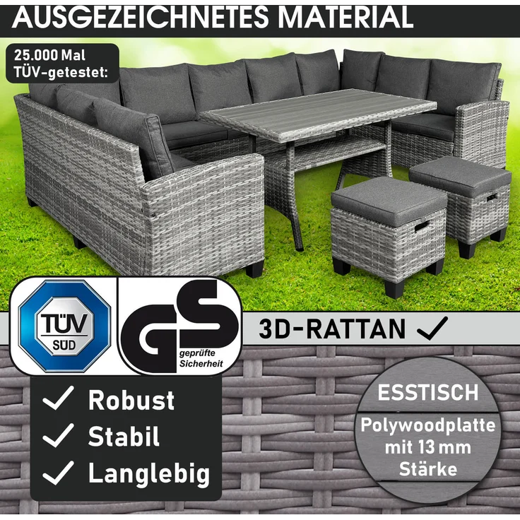 BRAST Gartenmöbel Set Family Grau/Anthrazit bis zu 11 Personen inkl. extra Dicke Kissen Outdoor Loungemöbel Sitzgruppe Essgruppe Garnitur – Bild 2