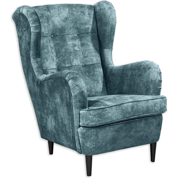 OSKAR Ohrensessel mit geknöpfter Polsterung, Smoke Blue - Vintage Wohnzimmer Sessel mit Massivholz Füßen - 78 x 102 x 98 cm (B/H/T)
