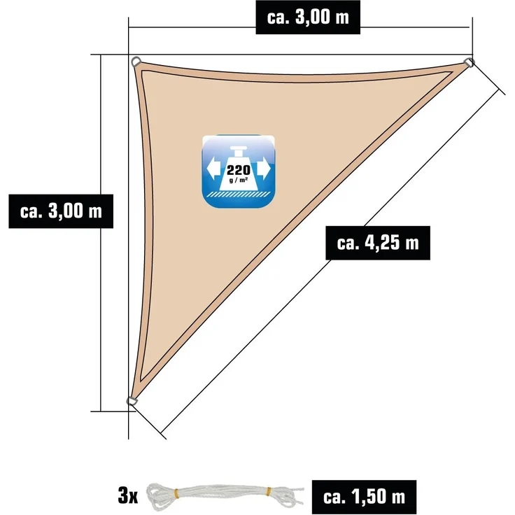3x3x4,2m UV Sonnensegel Sonnenschutz Atmungsaktiv Ivory – Bild 5