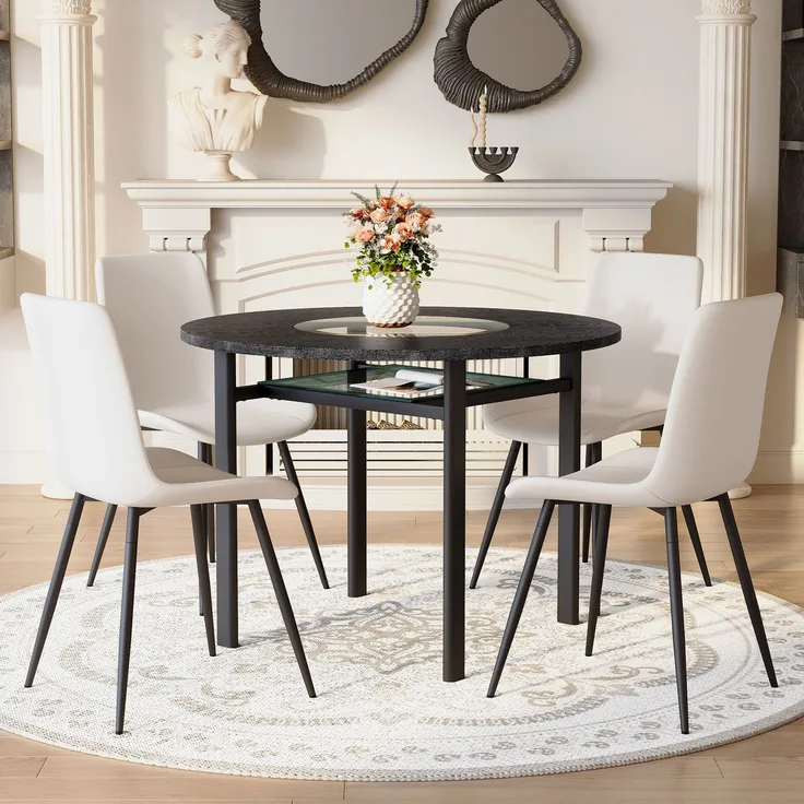 Esstischgruppe mit rundem Tisch H 76 x T 100 x B 100 cm, MDF-Tischplatte mit Glaseinsatz und 4 Stühlen