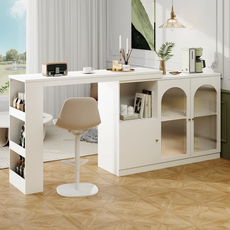 Sideboard Esszimmerschrank Weiß mit 360°-Drehfunktion, Aufbewahrungsschrank mit Regalen, Schubladen und Changhong-Glas Türen, 97cmx120cmx40cm – Bild 4