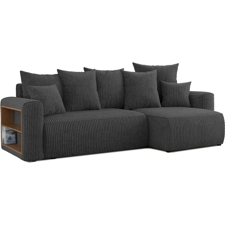 MEBLINI Schlafcouch mit Bettkasten - 238x142x73cm - Dunkelgrau Cordstoff - SOLARIS - Kleines Ecksofa mit Schlaffunktion - Sofa mit Relaxfunktion und Kissen - Kleine Couch L-Form - Eckcouch – Bild 1