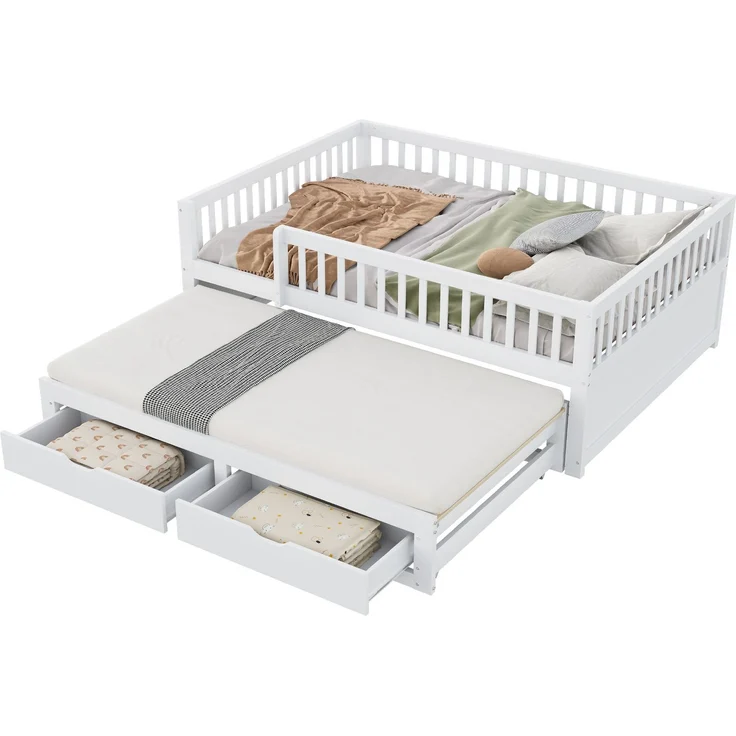 EINHOM Massivholz-Schlafsofa 140 x 200 cm, Vollverkleidetes Sicherheitsgitter, Ausziehbares Bett mit 2 Schubladen Darunter, mit Lattenrost, Kinderbett Jugendbett Gästebett Erwachsene, Weiß (Ohne Matratze) – Bild 6