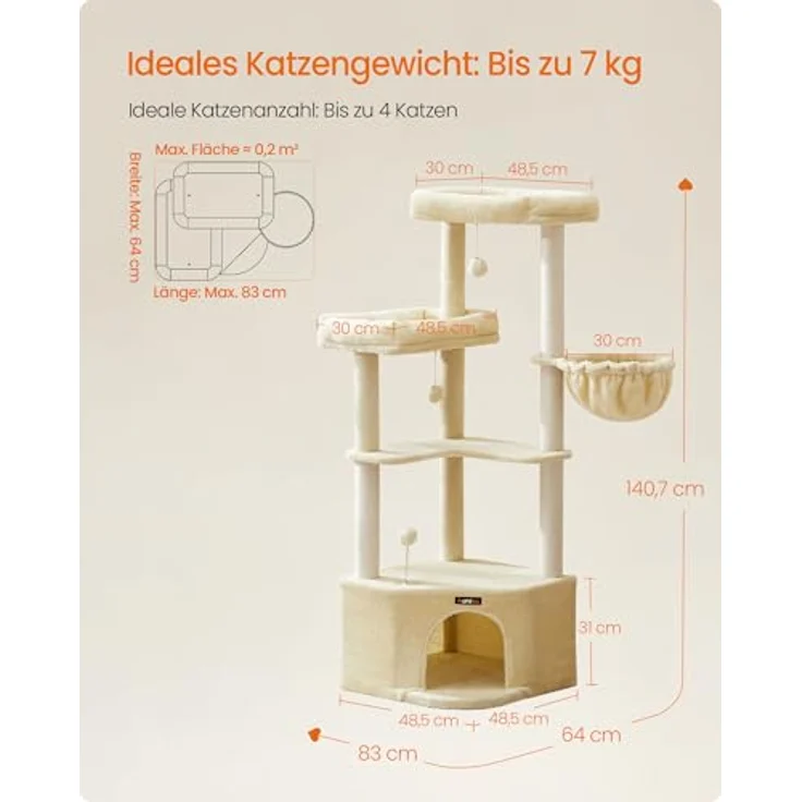 Feandrea Kratzbaum, Katzenbaum, 48,5 x 48,5 x 140,7 cm, Katzenkratzbaum mit großer Kuschelhöhle, großen Plattformen, Plüschbällen, Liegemulde, sandbeige – Bild 5