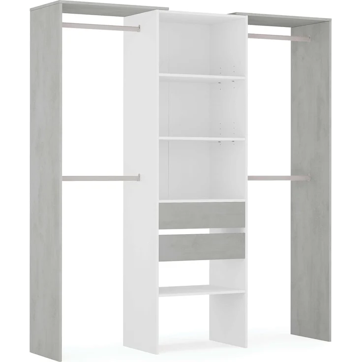 Habitdesign, offener Kleiderschrank mit 2 Schubladen – modernes Garderobensystem mit Kleiderstangen und Einlegeböden, in Artik weiß und Zementgrau, Maße: 179 x 202 x 50 cm (B x H x T), Modell Tidy – Bild 4
