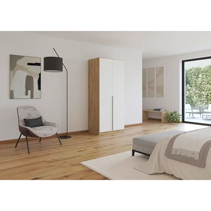 Rauch Möbel Alabama, Kleiderschrank für Schlafzimmer, Kinderzimmer, Wohnzimmer, Garderobe, Flur, 2-türig, mit Zubehör Basic, Farbe Weiß/Eiche Artisan, Holz, Breite 91 cm – Bild 3