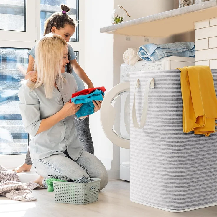 Lifewit 75L Groß Wäschekorb Organizer mit erweitertem Griff, Faltbarer Wäschesammler Wäschebox Aufbewahrungskorb, Tragbar Wäschesortierer für Wäsche, Kleidung, Decken, Kissen, Wäschekörbe, Grau – Bild 7