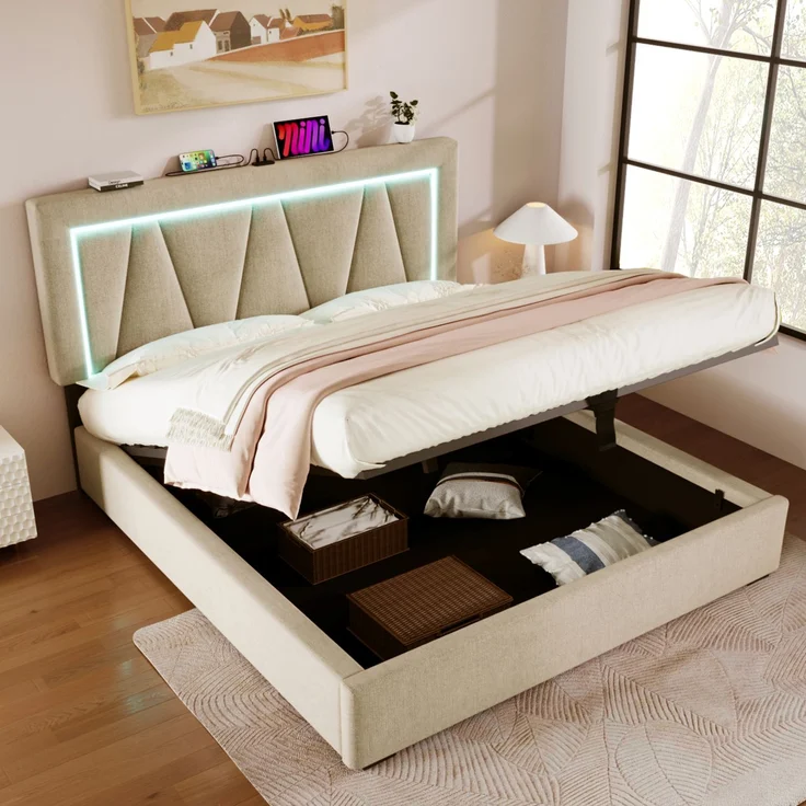 Polsterbett 160x200 cm mit verstellbarem Kopfteil, LED-Beleuchtung, USB & Type-C Ladeanschluss,Stauraum,Beige,inklusive Matratze – Bild 5