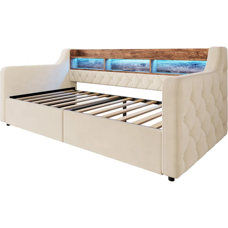 Polsterbett 90x190 cm in Beige mit LED, Ablagefläche und 2 Schubladen – Ohne Matratze – Bild 4