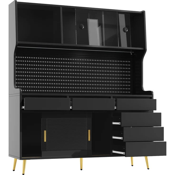 ZUBALIYA LED-Küchenschrank 145x39x171 cm, mit App-Steuerung, mit Stauraum, MDF/Glas, Schwarz – Bild 15