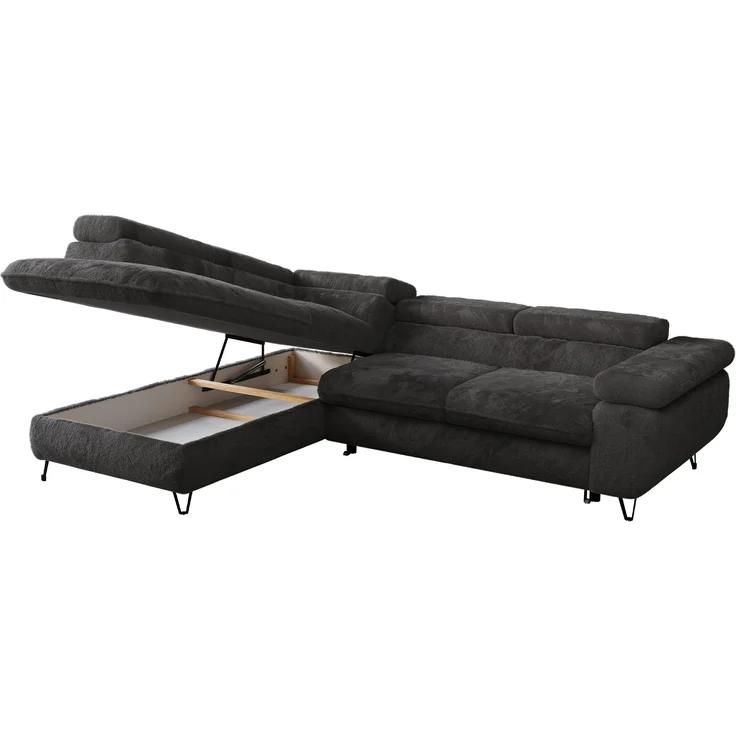 Ecksofa mit Bettfunktion, Modern Sofa, L-form, Einstellbare Kopfstützen, Bettkasten - PETER - Dunkelgrau Plüsch - links – Bild 3