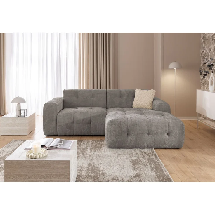 Modernes Ecksofa mit Ottomane rechts, markante Steppungen, Chenille Braun Taupe, 234 x 161 x 79cm – Bild 2