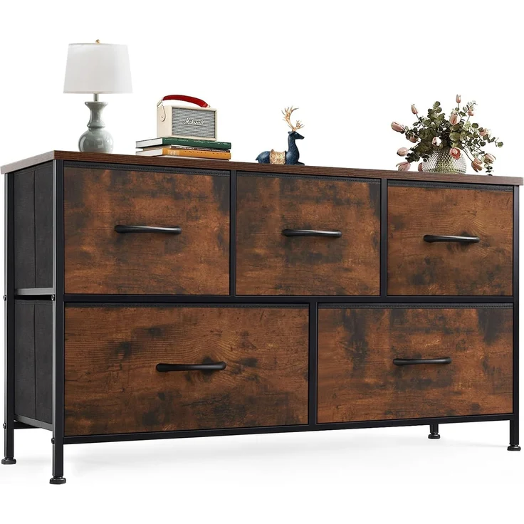 Sweetcrispy Kommode,Sideboard Wohnzimmer für Schlafzimmer mit 5 Stoffschubladen,Einstellbare Füße Schubladenschrank,Komodenschrank für Schlafzimmer,Modernes Braun – Bild 1