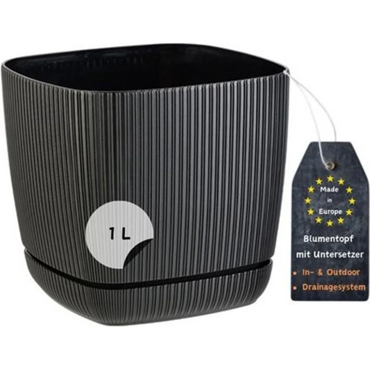 Engelland Blumentopf Pflanztopf mit Drainagesystem & Untersetzer (12x12 cm, 1 Liter, 1 St, robuster PP-Kunststoff), eckig, Rillenoptik, UV-resistent, direkte Bepflanzung – Bild 4