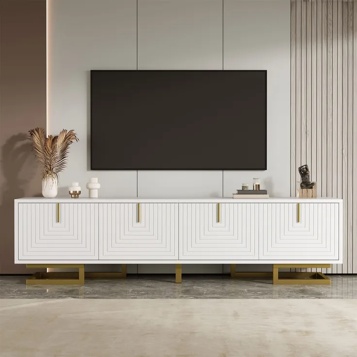TV-Schrank Lowboard mit Goldakzenten, weiß strukturiert, 160x38x44,5 cm