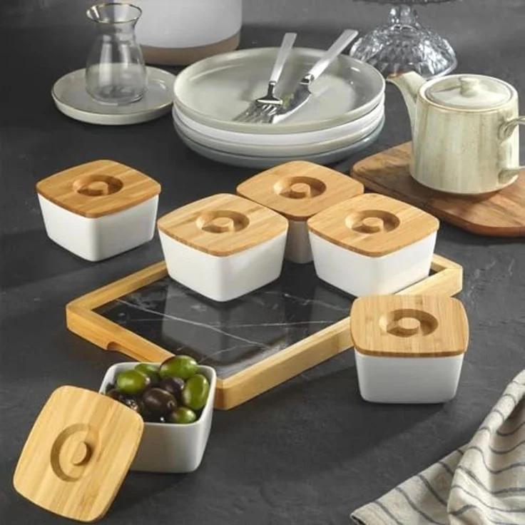 hausleben Dipschale Dipschalen Set mit 3 Schälchen + 3 Bambusdeckel und Tablett aus Bambus, (1-tlg), Tablett aus Bambus – Bild 3