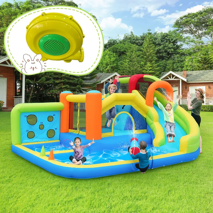 LVHOM Aufblasbare Hüpfburg mit Gebläse, Spielpool, Trocken-/Wasserrutsche, Springburg Outdoor, Wasserpark mit Trampolin, Planschbecken, 410 x 315 x 203cm – Bild 1