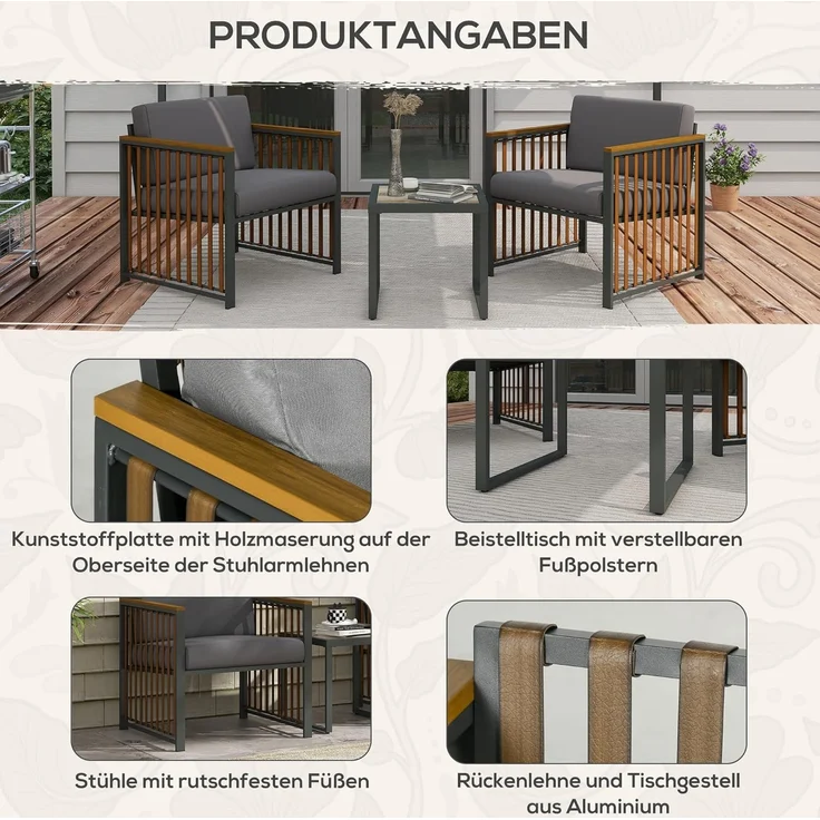 Outsunny Gartenlounge-Set Gartenmöbel, (Rattan-Gartenmöbel, 3-tlg, Gartengarnitur), für Terrasse, Grau – Bild 6