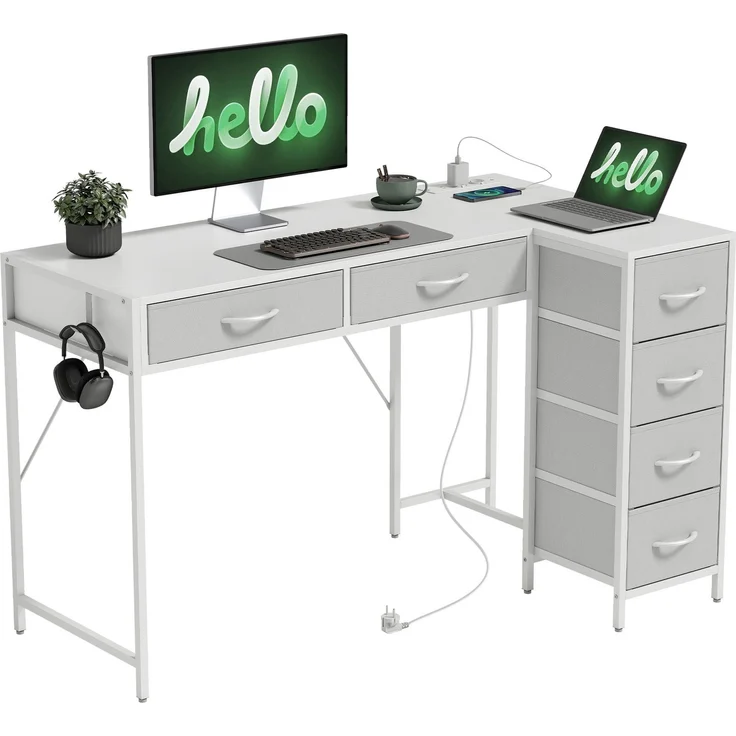 JARDJ Wendbarer Eckschreibtisch mit 6 Schubladen (126 x 48 cm), Steckdose, USB- und USB-C-Ladeanschluss, Weiß – Bild 2