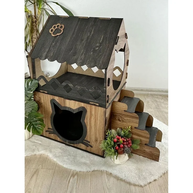 Jungengel Katzenliege XL Katzenhaus Katzenhäuschen Katzenhütte Stecksystem Katzenbett, 2-Stöckig, Einfache Montage, Bietet genügend Platz für eine Katze – Bild 2