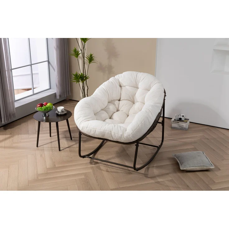 Rattan-Schaukelstuhl für den Außenbereich, gepolsterter Schaukel- und Liegesessel für Veranda, Wohnzimmer, Terrasse, Garten, Weiß – 93 x 73 x 23 cm – YOUDENOVA – Bild 4