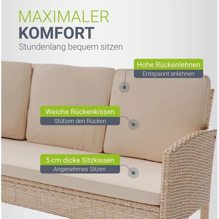 Juskys Polyrattan Gartenmöbel Sitzgruppe Turin Set 6 teilig - 7 Personen - Outdoor Möbel mit Sessel, Hocker, Tisch & Kissen - Loungemöbel Creme / Sand – Bild 5