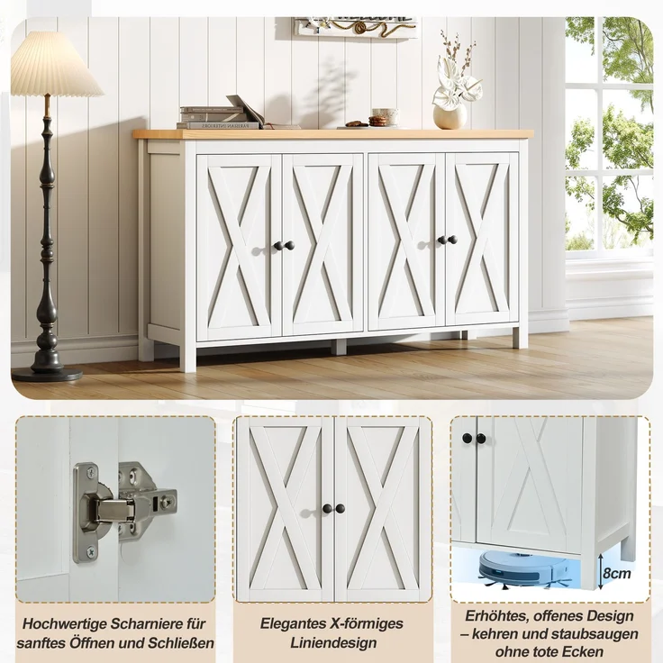 Merax 140cm Sideboard mit 4 Türen, mit Schwarzem, Rundem Griff,2 Partitionen, Multifunktionaler Aufbewahrungsschrank aus MDF-Material, Weiß – Bild 6
