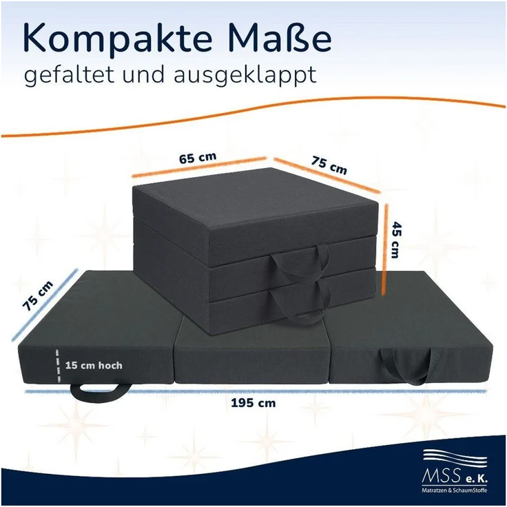 Klappmatratze Klappmatratze Neo Faltmatratze Gästematratze Reisematratze Notbett, MSS e.K, 15 cm hoch, (3-teilig, 75x195 90x200), abnehmbarer waschbarer Bezug – Bild 2