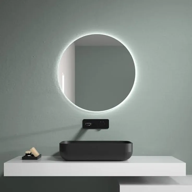 Wunderbad LED Badspiegel Ø 60 cm, runder Wandspiegel mit dimmbarer Beleuchtung, 3 Lichtfarben, Anti-Beschlag, IP44