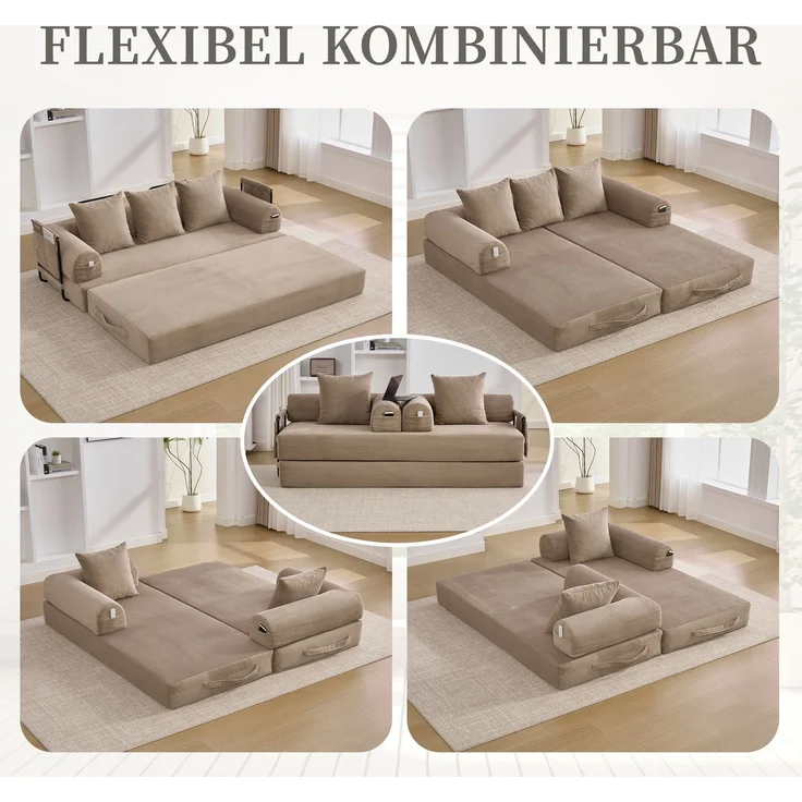LVHOM Schlafsofa 3 Sitzer, Klappsofa mit Schlaffunktion, Bodensofa, Polstersofa aus CordStoff, Schlafcouch dauerschläfer, frei Kombination, 200x94x67 cm, Khaki – Bild 3