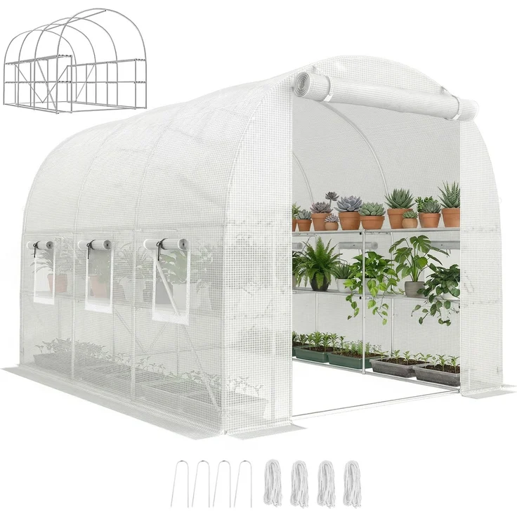 MELAYR, Gewächshaus ca. 2.7 x 2 x 2 m Foliengewächshaus mit Regalen Rollbar Reißverschlusstür 6 Netzfenster, Weiß – Bild 1
