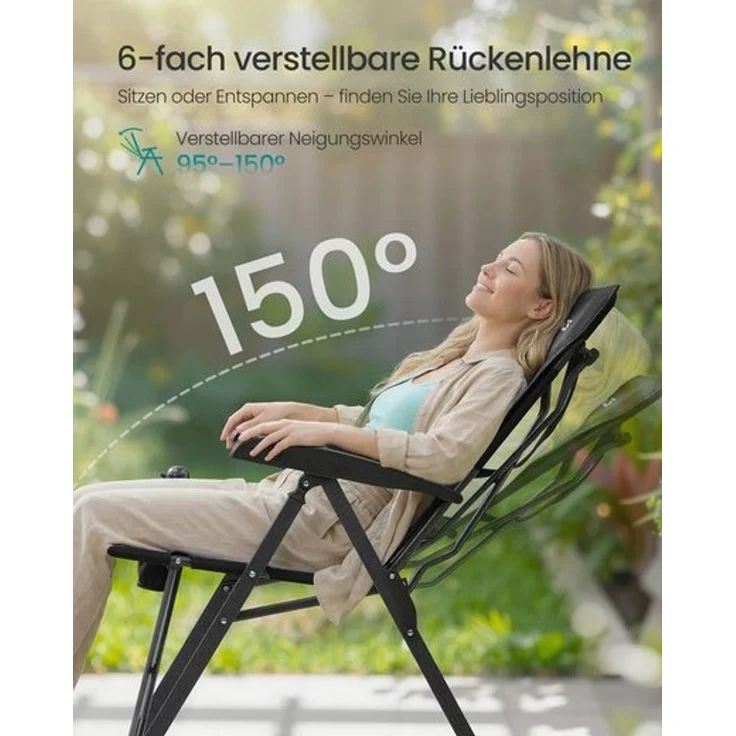 SONGMICS Campingstuhl faltbar, 2er Set, 95°-150° verstellbare Rückenlehne, Klappstuhl, drehbarer Getränkehalter, Tragetasche, Schultergurt, für Garten, Camping, Angeln, schwarz – Bild 4