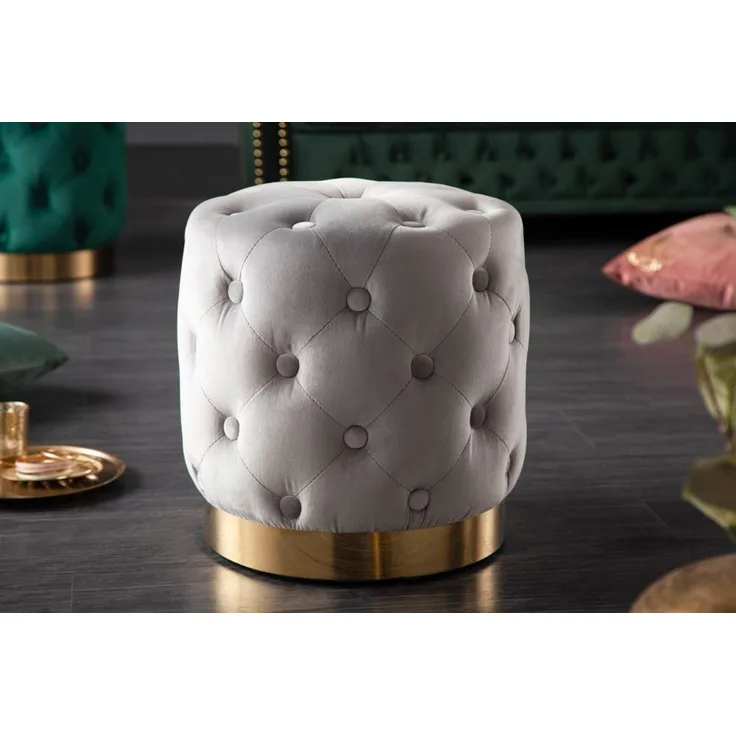 riess-ambiente Sitzhocker MODERN BAROCK 37cm grau / gold, Hocker · Samt · Metall · Chesterfield-Design