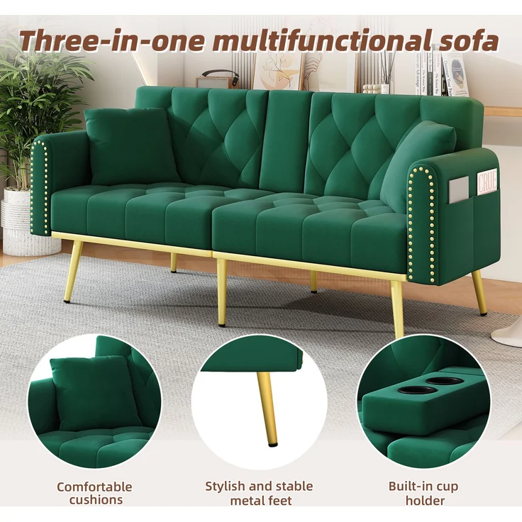ZUBALIYA Schlafsofa 80x73.5 cm, mit LED - Beleuchtung, mit Stauraum, mit Samtbezug, mit breiten Armlehnen, Grün – Bild 7