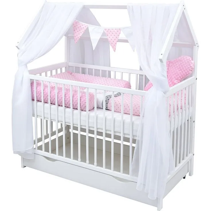 Baby-Delux Komplettbett Hausbett Babybett Schublade Schutzgitter Beißschienen Komplettset, 11-tlg, Kinderbett 60x120 cm weiß, Bettset verschiedene Designs