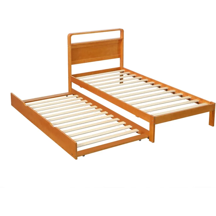 ZUBALIYA Bettgestell Holzbett 90x200 cm mit Ausziehbett 90x190 cm, Funktionsbett mit links/rechts montierbarem Gästebett, abgerundetem Kopfteil und platzsparendem Design, Natur – Bild 17