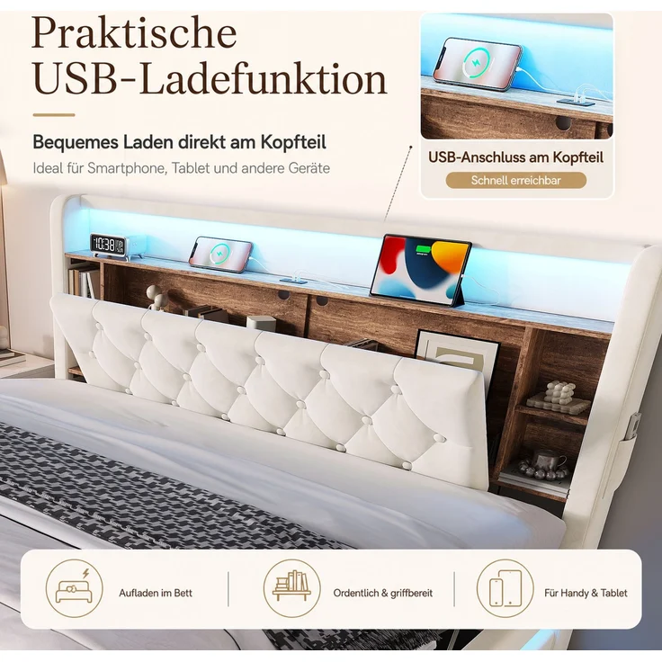 TavilaEcon Boxspringbett Samtbett, Polsterbett mit LED-Beleuchtung & USB-Ladefunktion beige Liegefläche 180 × 200 cm – Bild 5