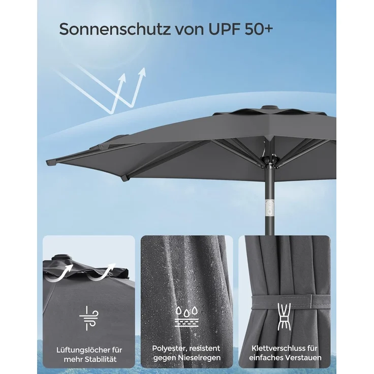 Songmics Sonnenschirm mit UV-Schutz bis UPF 50+, knickbar, Metall / Polyester grau, Ø 2 x 2,15 m – Bild 5