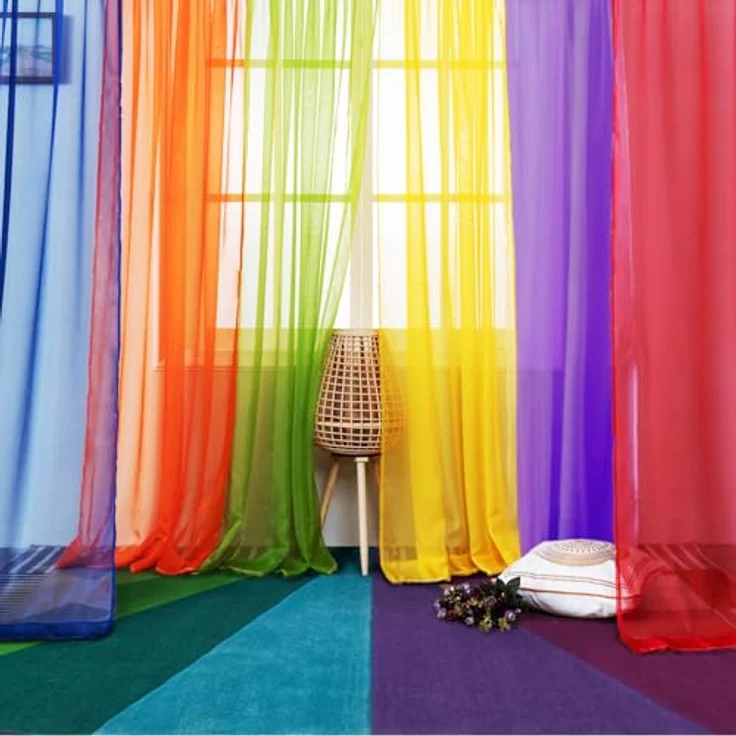 WPM 6-teiliges Regenbogen-Fenstervorhang-Set für Spielzimmer, Kinderzimmer, Schlafzimmer, Limettengrün, Orange, Rot, Weiß, Hellgelb, Marineblau, Vorhänge für Kinder (213,4 cm lang) – Bild 2