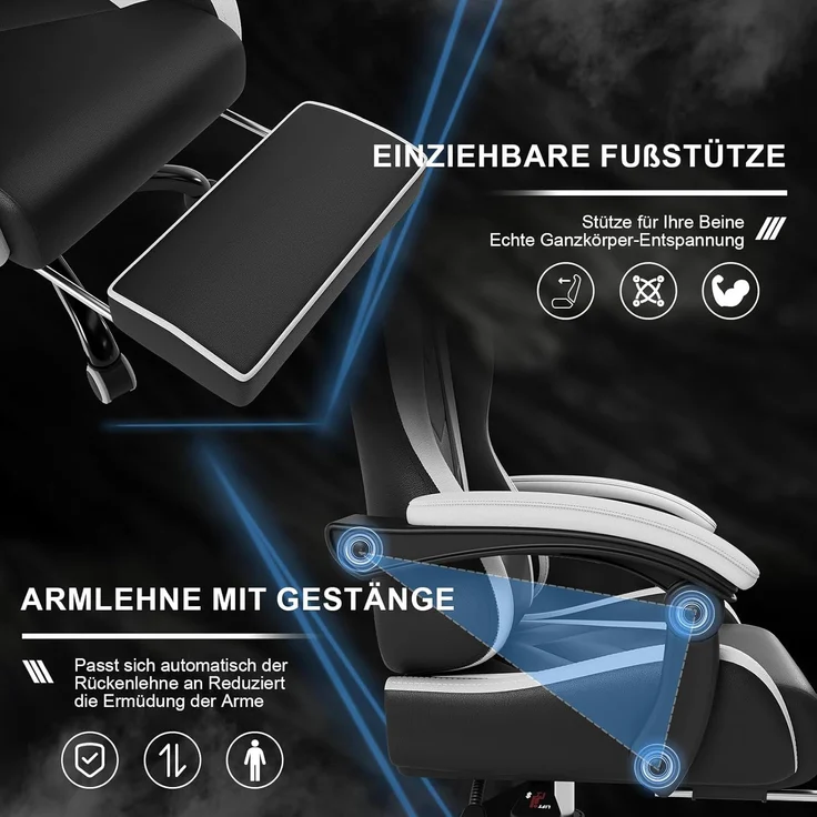 Devoko Massage Gaming Stuhl, Computer Bürostuhl mit Fußstütze, Racing Gamer Stuhl 150kg Belastbarkeit, 90-135° Rückenlehne einstellbar Ergonomischer PC Stuhl, 360° drehbar, Weiß – Bild 7