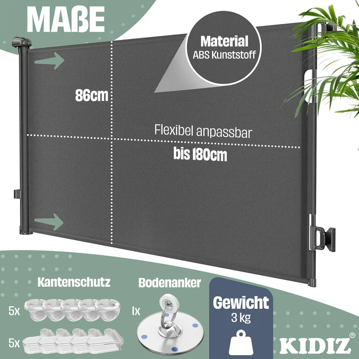 KIDIZ® Treppenschutzgitter Türschutzgitter ausziehbar bis 140/180cm | kindersicheres Treppengitter für Babys & Haustiere | Schutzgitter Treppen & Türen Absperrgitter inkl. Bodenanker & Montagezubehör Schwarz, 0-180cm – Bild 4
