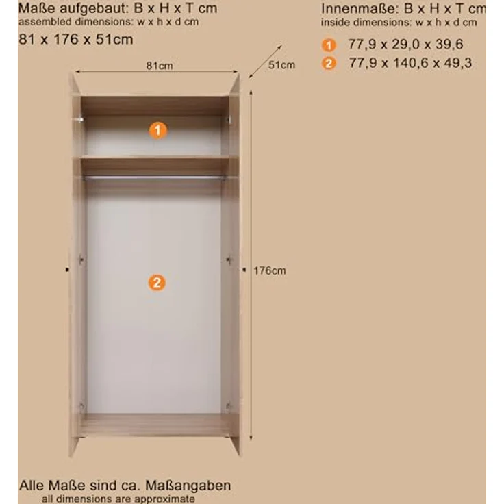 trendteam smart living - Basics - Kleiderschrank - Eiche - Garderobenschrank mit 2 Türen, 1 Hutablage und 1 Kleiderstange - (BxHxT) 81 x 176 x 51 cm - Moderner Stil – Bild 4
