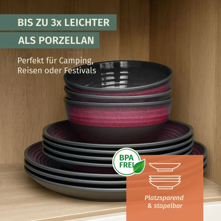 Moritz Camping Tafelgeschirr aus Melamin für 4 Personen 12-teilig | spülmaschinenfest | Picknick Geschirrset | Geschirr Campinggeschirr I Stone Red Design – Bild 6