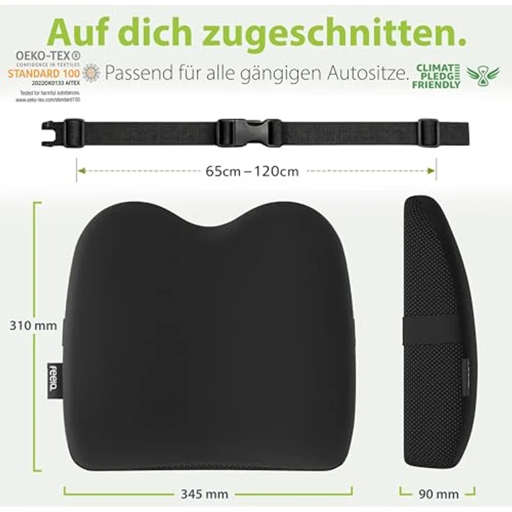 feela.® Ergonomisches Rückenkissen für Auto- und Bürostühle | Gedächtnisschaum-Lordosenstütze mit verstellbaren Gurten, Schwarz – Bild 5