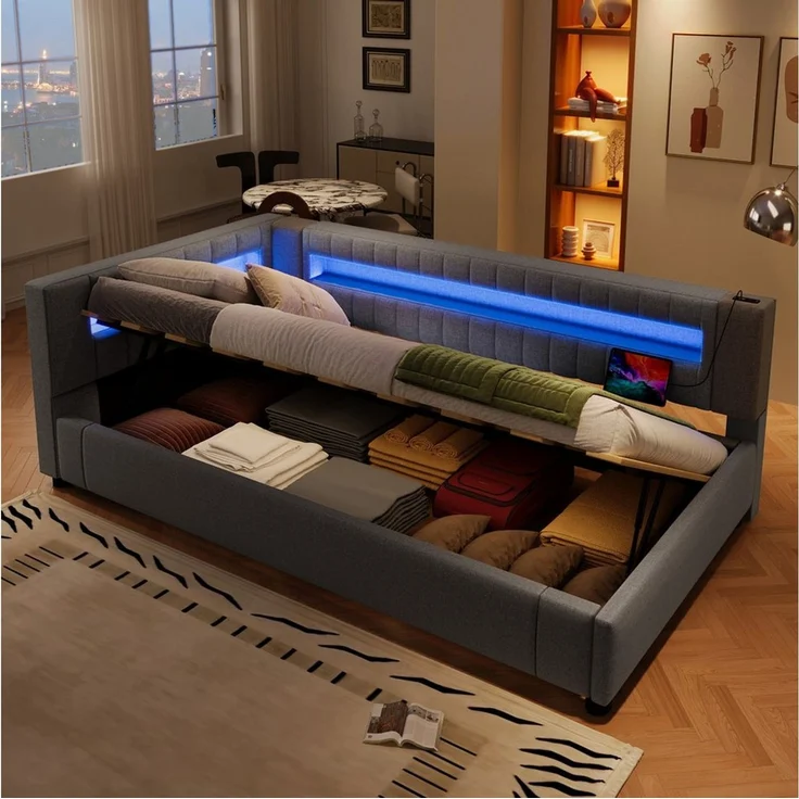BlingBin Polsterbett Daybett Tagesbett Schlafsofa Jugendbett (1-tlg, mit LED-Lichtleiste, hydraulische Stauraum, USB und Type-C), 90×200cm, ohne Matratze, Leinen, Grau – Bild 5