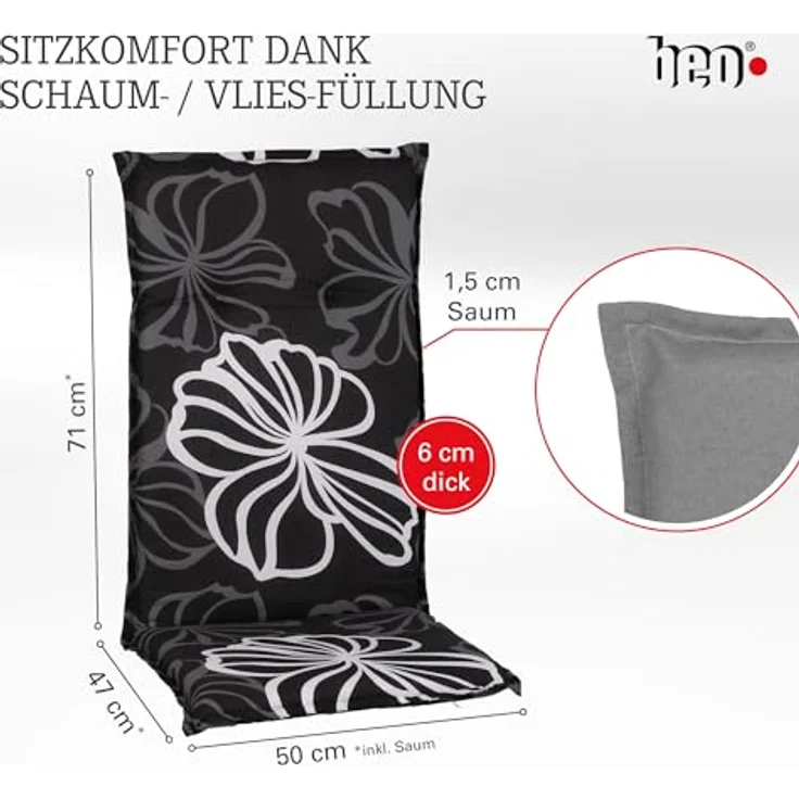 Beo Gartenstuhlauflagen Hochlehner 2er Set Barcelona | Made in EU nach Öko-Tex Standard | Hochlehner Auflagen waschbar | Atmungsaktive Stuhlauflagen Hochlehner mit Blumen in Grau-Schwarz-Weiß – Bild 3