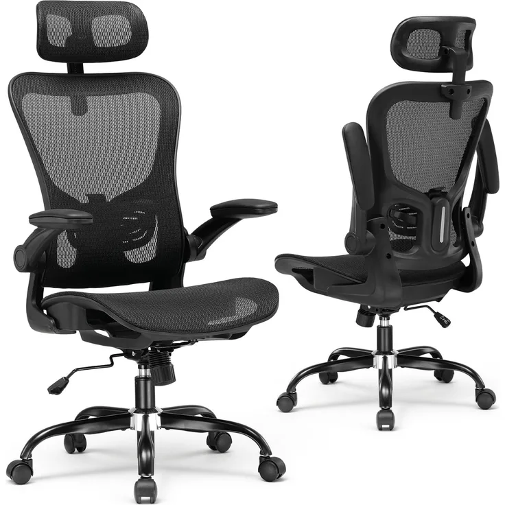 GTPLAYER Bürostuhl Ergonomisch, Schreibtischstuhl mit Verstellbarer Kopfstütze, Armlehnen, Lendenwirbelstütze, Büro Stuhl & Gaming Stuhl Wippfunktion, Chefsessel aus Mesh, 150kg(Tiefschwarz)