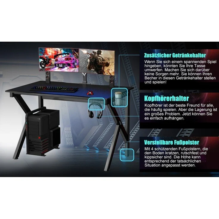 COSTWAY Gaming Tisch 115 cm, K-f?rmiger Gamingtisch mit Kopfh?rerhaken & Tassenhalter & Kabelmanagement, ergonomischer Computertisch mit verstellbaren Fü?en, Schreibtisch PC Tisch für E-Sport, Stahl – Bild 2
