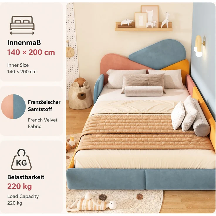 TavilaEcon Polsterbett Weiches Bodenbett mit gepolstertem Kopfteil & Fallschutz Blau+Pink+Orange Liegefläche 140 × 200 cm – Bild 9